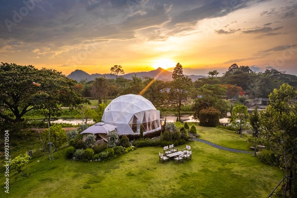 Obraz Aerial view of a glamping or camping area with tents in Khao Yai, Nakhon Ratchasima, Thailand