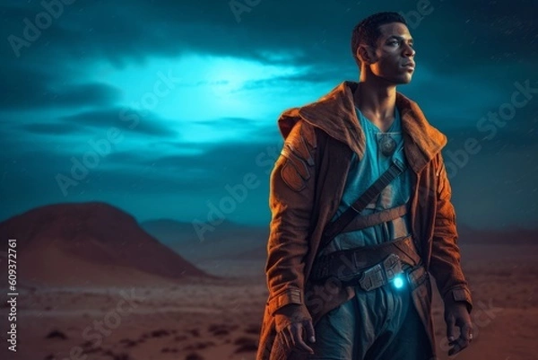 Fototapeta Concept Game character painting and 3D render of dystopia ruin wasteland Cyberpunk, diesel punk, Futuristic world,  Created with Generative AI tool