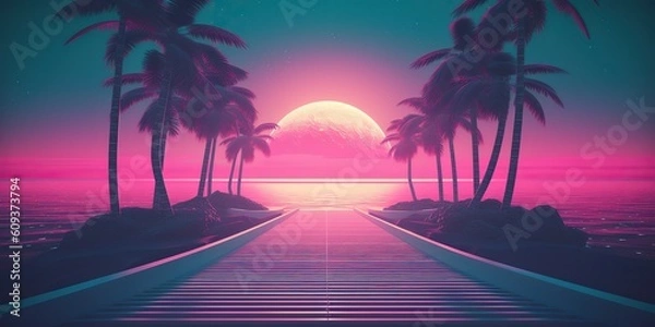 Obraz AI Generated. AI Generative. Old vintage cyberpunk vapor wave synthwave miami vice florida tropical landscape. Graphic Art