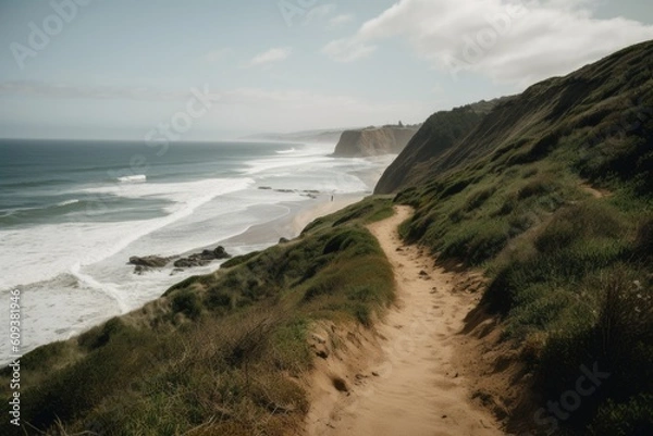 Fototapeta hiking trail along the beach, with waves rolling in, created with generative ai
