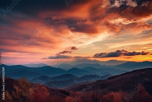 Fototapeta dramatic sunset over mountain range, with the sky and clouds changing colors, created with generative ai