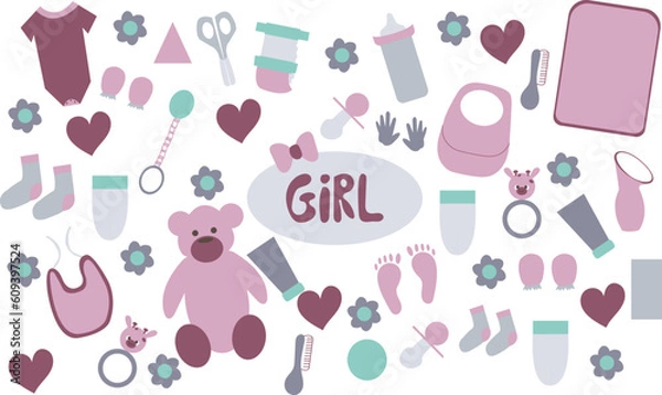 Obraz Baby flat doodle set hand drawn. Stock vector illustration for design elements, textile prints, cover, logo