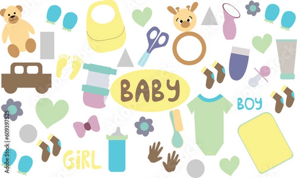 Obraz Baby flat doodle set hand drawn. Stock vector illustration for design elements, textile prints, cover, logo