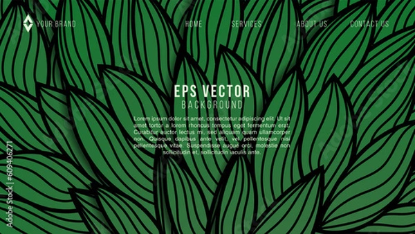 Fototapeta Abstract green web background of doodle shapes, lines on green background with blank space in center for text. Minimalist wavy background.
