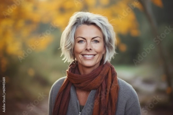 Obraz Portrait of a beautiful middle aged woman standing in an autumn park