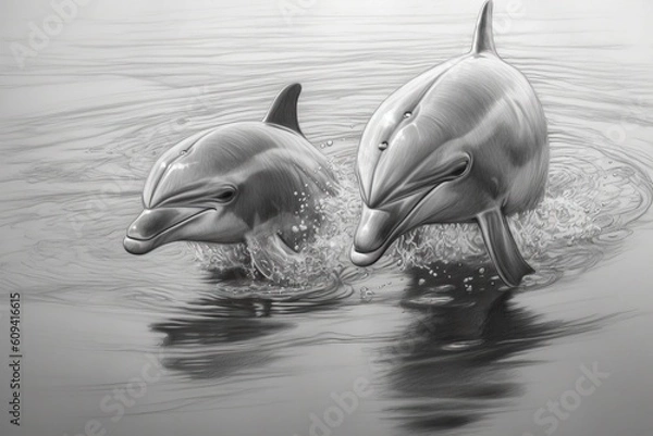 Fototapeta Dolphins drawing, dolphins pencil drawing vintage. Generative Ai.