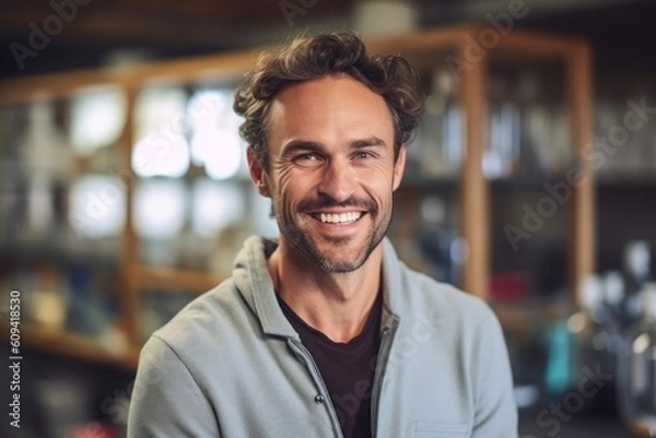 Fototapeta Medium shot portrait photography of a grinning man in his 30s that is wearing a chic cardigan against a laboratory or science experiment background . Generative AI