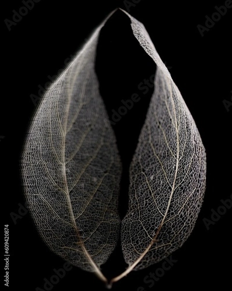 Obraz "tango dancers" "white natural magnolia macro leaf with own reflection" "magnolia skeletal macro leaf looking in to the mirror as it is ready to dance tango in cozy darkness"