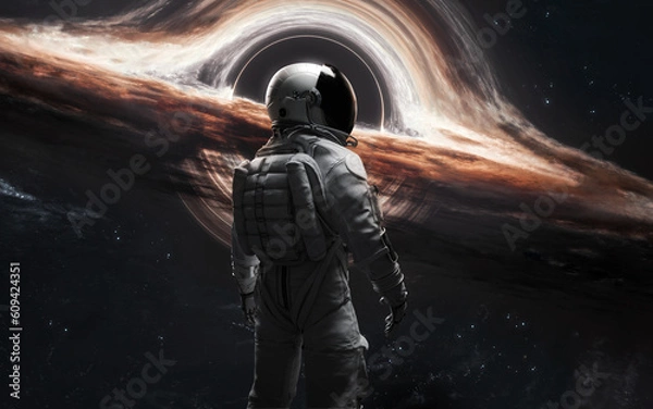 Obraz 3D illustration of Astronaut looks at black hole and event horizon. 5K realistic science fiction art. Elements of image provided by Nasa