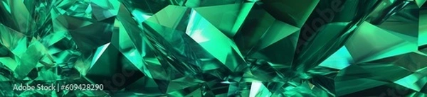 Obraz 3d render, abstract green crystal background, faceted texture, emerald gem macro, panorama, wide panoramic polygonal wallpaper, Generative AI