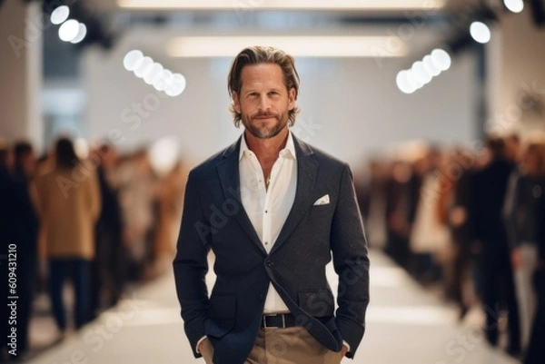 Fototapeta Medium shot portrait photography of a pleased man in his 40s that is wearing a chic cardigan against an elegant fashion show runway with models background . Generative AI