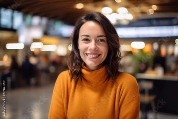 Obraz Portrait of a beautiful woman smiling at the camera in a cafe