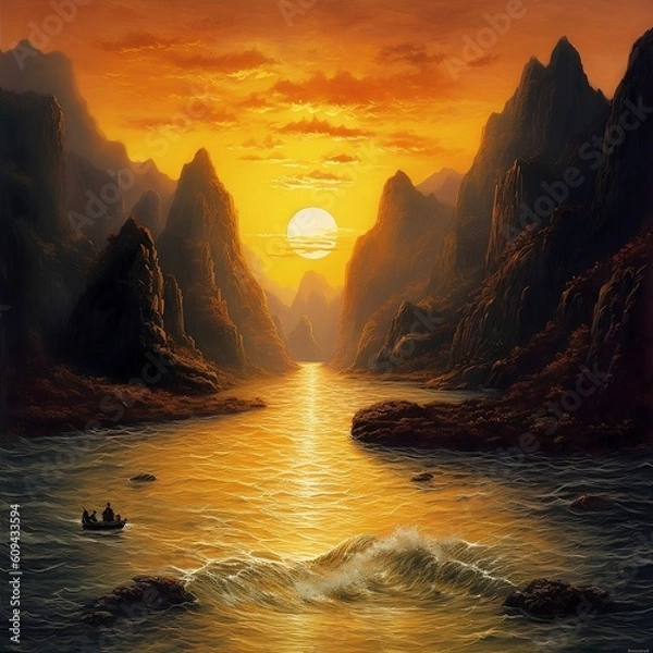 Obraz River in the middle of rocks and mountains, sunset on the lake, sunset in the mountains, sunscape with mountains and rivers, generated by AI