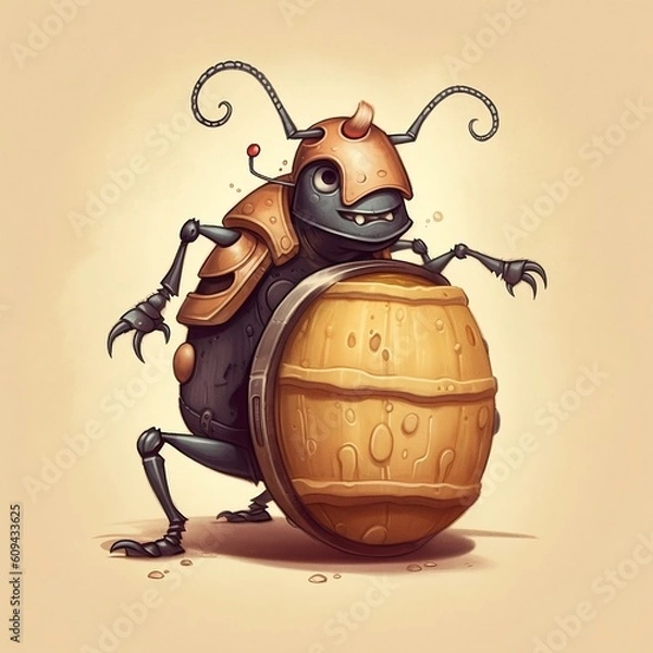Fototapeta cartoon-style barrel bug, animated cockroach, beer barrel and AI-generated insect