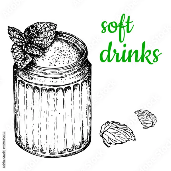 Fototapeta Cold milk drink. Milkshake.Vector illustration . Hand drawing. Black and white sketch. Isolated on white background. For bars, cafes, menus, labels and healthy drink advertising design