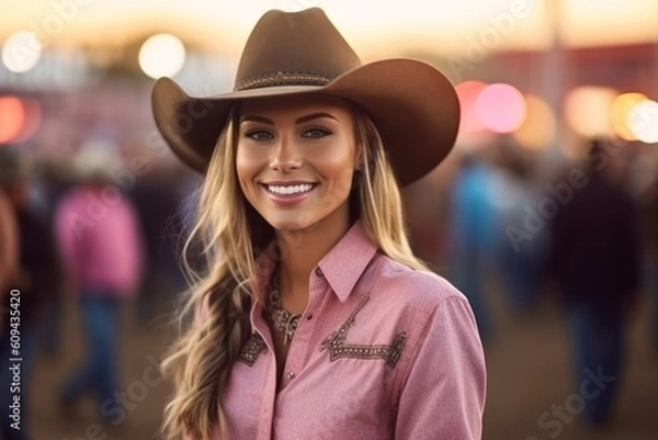 Obraz Medium shot portrait photography of a pleased woman in her 20s that is wearing a chic cardigan against a lively rodeo event with barrel racing and bull riding background . Generative AI