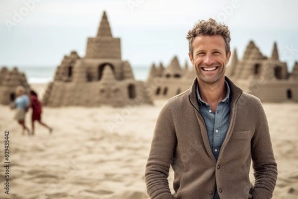 Fototapeta Portrait of smiling man standing in front of sandcastle on beach