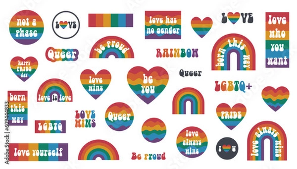 Fototapeta Vector set of LGBTQ community symbols with rainbow flag in retro funky style. Pride month slogan and phrases stickers.