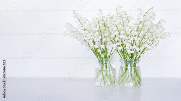 Fototapeta two bouquets of lilies of the valley on a white background close-up. background with lilies of the valley. lilies of the valley in vases and a copy of the space.