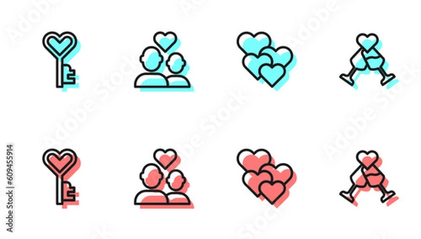 Obraz Set line Heart, Key in heart shape, Lover couple and Glass of champagne icon. Vector