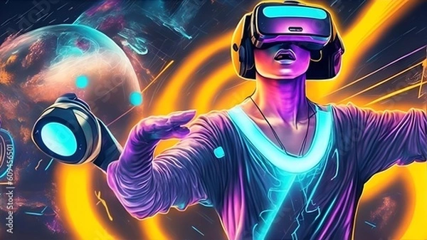 Obraz An energetic and dynamic illustration showcasing a person interacting with a virtual reality headset. Generative AI
