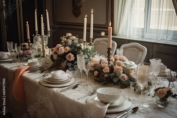 Fototapeta Wedding table setting with flowers, candles, and cutlery, A beautifully decorated dining table with wedding decor and centerpieces. AI Generated