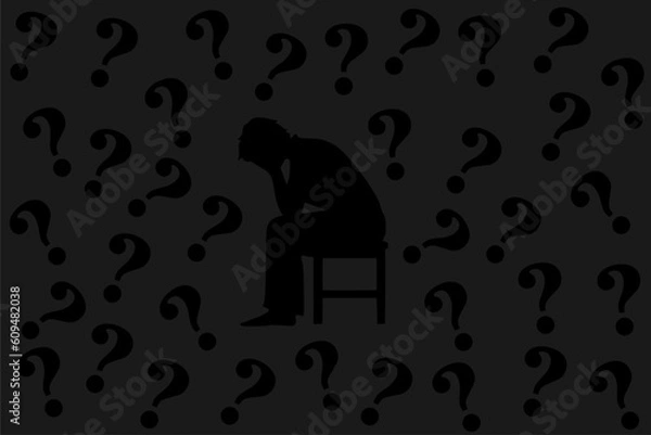 Fototapeta Concept of depression, anxiety, sadness and hopelessness. Silhouette of a person sitting and holding a bowed head, with a bunch of question marks surrounding him. Vector illustration	