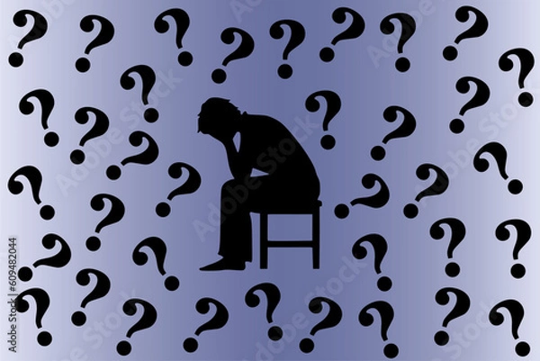 Fototapeta Concept of depression, anxiety, sadness and hopelessness. Silhouette of a person sitting and holding a bowed head, with a bunch of question marks surrounding him. Vector illustration	