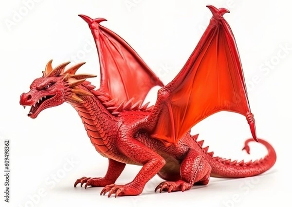 Fototapeta A red dragon standing isolated on a white background with wings spread. Generative AI artwork.