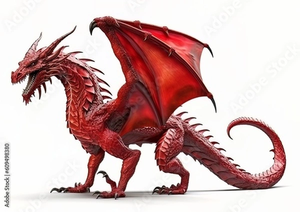 Fototapeta A red dragon standing isolated on a white background with wings spread. Generative AI artwork.