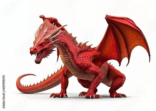 Fototapeta A red dragon standing isolated on a white background with wings spread. Generative AI artwork.
