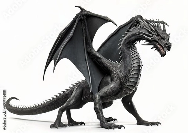 Fototapeta Black dragon standing on a white isolated background