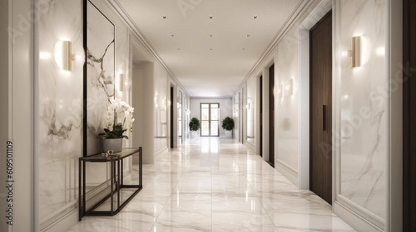 Obraz Luxury, modern hotel or apartment corridor with white marble carrara tiled walls and floor. White and shiny. Created with generative AI