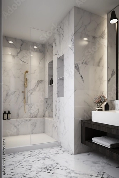 Fototapeta Luxury modern bathroom interior with white marble carrara walls, tiled floor and comfortable shower. Created with generative AI