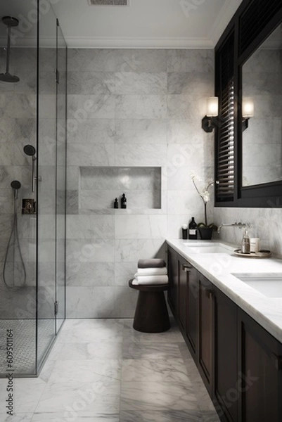 Obraz Modern luxury bathroom interior with tiled floor and white marble carrara tiles on walls. Created with generative AI