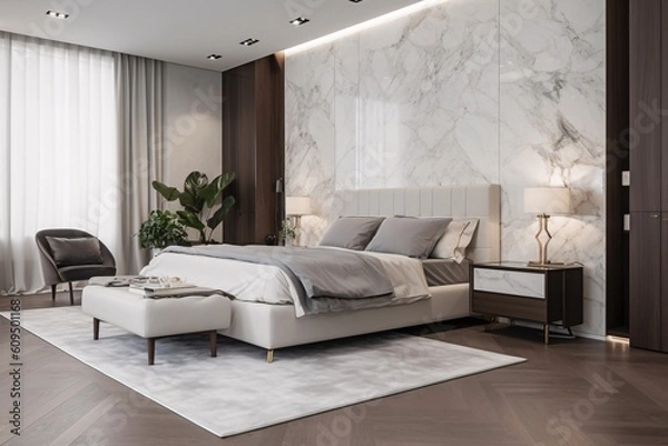 Obraz Luxury modern bedroom interior design with white marble carrara tiles on wall, and wood panels. led lights. Created with generative AI