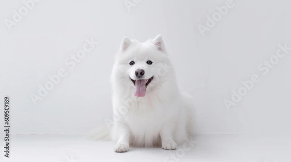 Fototapeta Adorable dog on a white background in different poses. Dog for advertisement. Bottomless dog. Puppy with white background. AI generated image.
