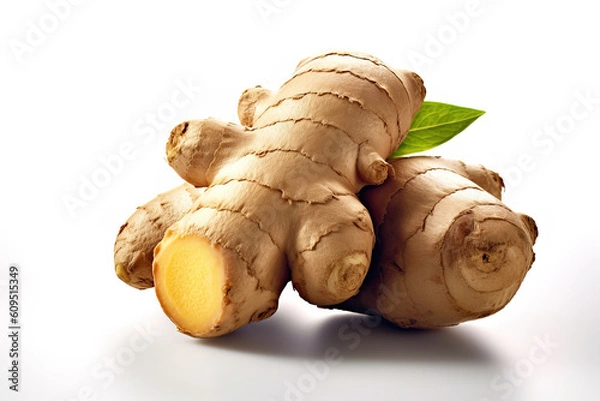 Fototapeta ginger root and ginger on white background generative ai