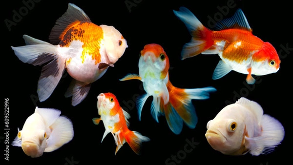 Fototapeta A set of motion pictures featuring goldfish on a black background.