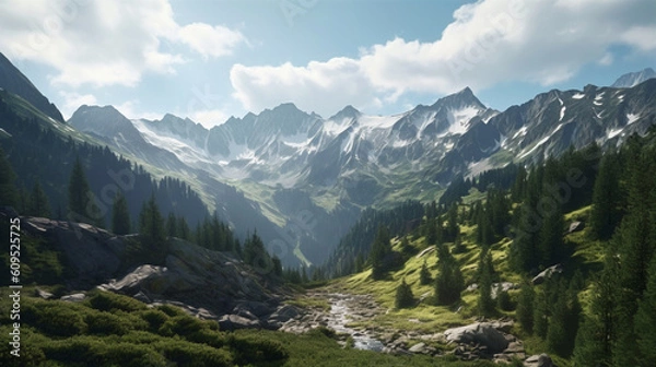Fototapeta Peaceful minimalist mountain scenery. Generative IA