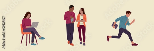 Fototapeta Collection of scenes at the office. Bundle of men and women working, talking, business meetings, negotiation, brainstorming, and talking to each other. vector hand-drawn illustration.