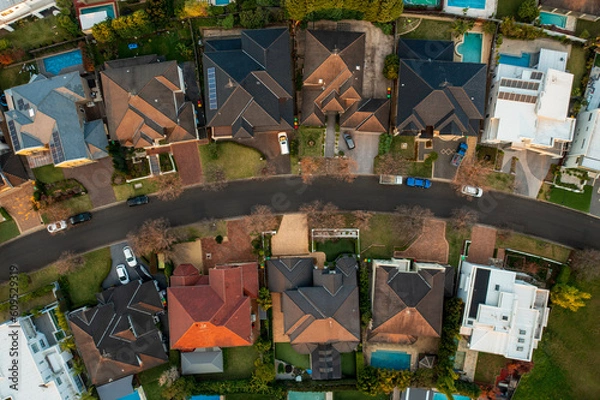 Obraz Aerial top top down view of upmarket houses on a curved street in the fading winter light in suburban Sydney, Australia.