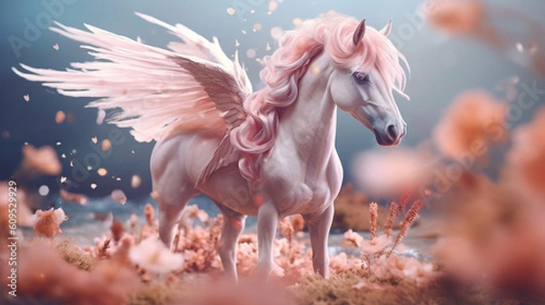Fototapeta Enchanting and captivating magical creatures in a soft pastel background . Generative IA