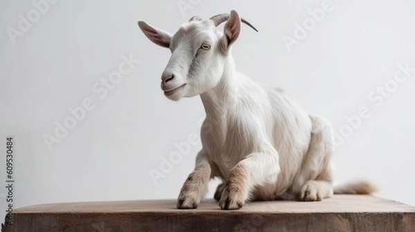 Obraz The goat sits on a white solid background