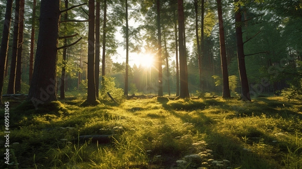 Fototapeta Soothing serenity of sunrise in dense forest. Generative IA