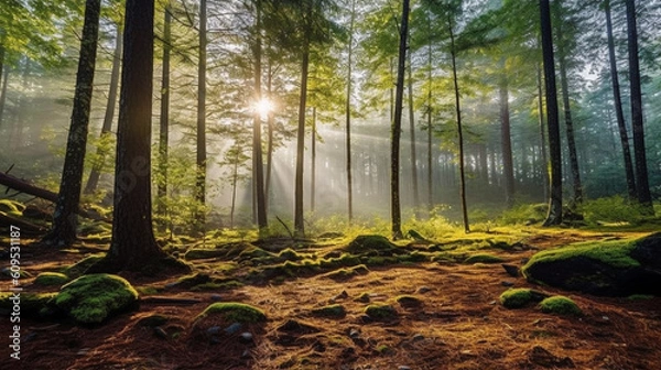 Fototapeta Refreshing sunrise and dense forest scenery. Generative IA