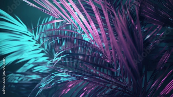 Fototapeta Palm leafs  background in pink and blue light, ai illustration 