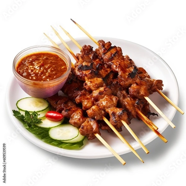 Obraz Thai food - moo satay (pork satay), isolated on white background, generative AI