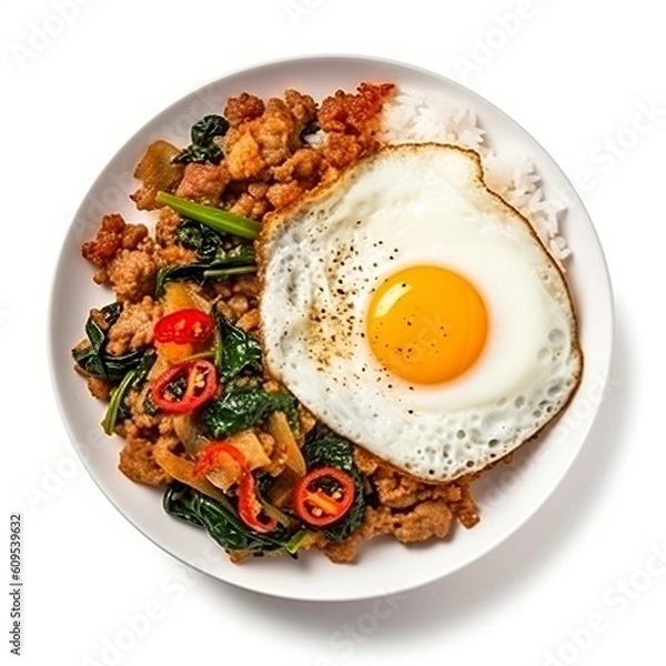 Obraz Thai food - pad ka prao kai dao (stir fried basil and pork with fried egg on rice), isolated on white background, generative AI