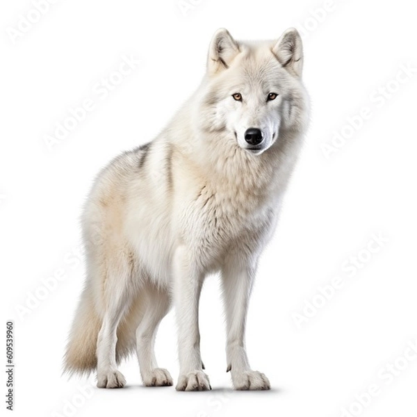 Obraz white wolf standing , isolated on white background, generative AI